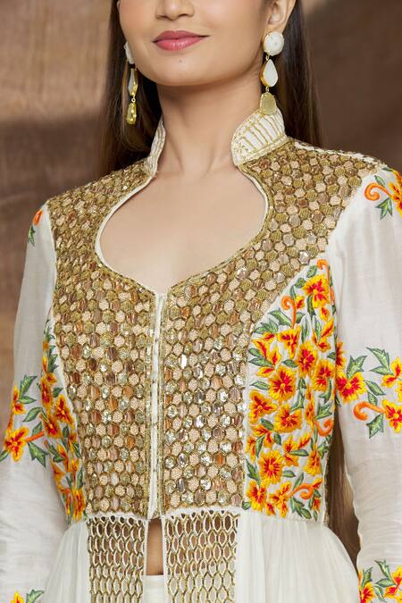 Neha Khullar_White Chanderi , Cotton Floral, Embroidered Anarkali And Palazzo Set _at_Aza_Fashions