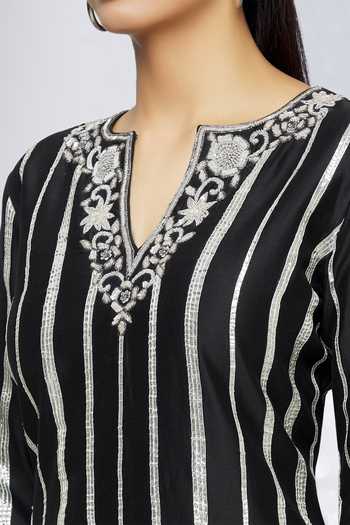 Neha Khullar_Black Organza, Chanderi, Cotton Sequins, Cut Work, Embroidery Floral Kurta Set_at_Aza_Fashions