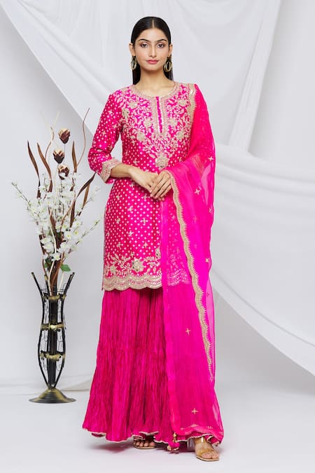 Surbhi Shah Pink Pure Spun Silk Printed Bandhani Round Kurta Sharara Set