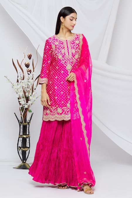 Surbhi Shah_Pink Organza, Pure Spun Silk Floral, Bandhani Round Print Kurta Sharara Set_Online_at_Aza_Fashions