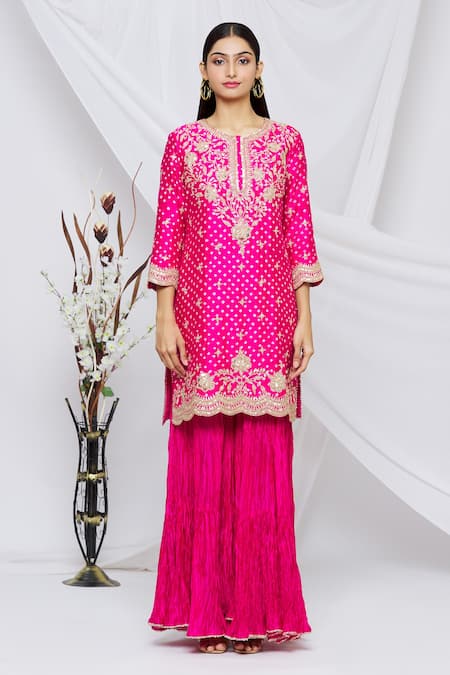 Buy_Surbhi Shah_Pink Organza, Pure Spun Silk Floral, Bandhani Round Print Kurta Sharara Set_Online_at_Aza_Fashions