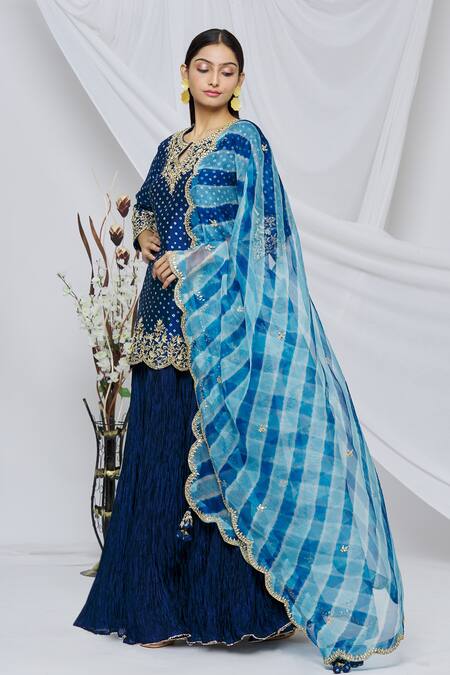 Surbhi Shah_Blue Organza, Pure Spun Silk Floral, Bandhani Keyhole Print Kurta Skirt Set_Online_at_Aza_Fashions