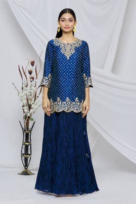 Buy_Surbhi Shah_Blue Organza, Pure Spun Silk Floral, Bandhani Keyhole Print Kurta Skirt Set_Online_at_Aza_Fashions