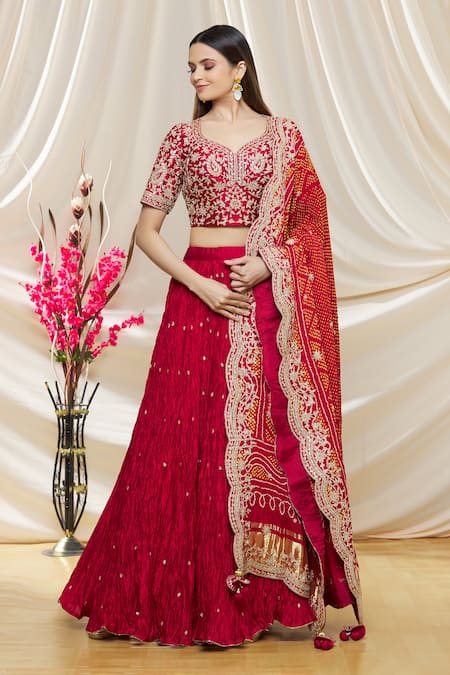 Surbhi Shah_Maroon Pure Cora Silk Embroidery Floral Leaf Neck Crushed Lehenga Set _Online_at_Aza_Fashions