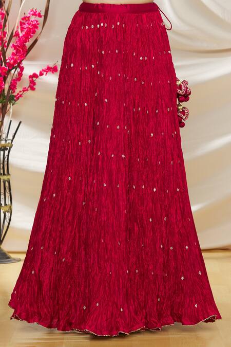 Shop_Surbhi Shah_Maroon Pure Cora Silk Embroidery Floral Leaf Neck Crushed Lehenga Set _Online_at_Aza_Fashions