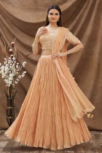 Buy Surbhi Shah Beige Organza, Pure Chanderi Floral V Neck Lehenga Set at Aza Fashions Buy_Surbhi Shah_Beige Organza, Pure Chanderi Floral V Neck Lehenga Set_at_Aza_Fashions