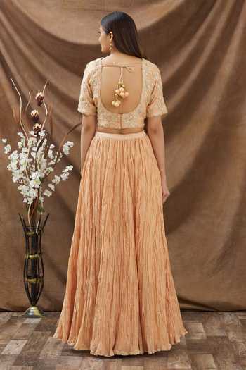 Shop Surbhi Shah Beige Organza, Pure Chanderi Floral V Neck Lehenga Set at Aza Fashions Shop_Surbhi Shah_Beige Organza, Pure Chanderi Floral V Neck Lehenga Set_at_Aza_Fashions
