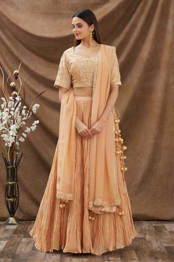 Surbhi Shah Beige Organza, Pure Chanderi Floral V Neck Lehenga Set Online at Aza Fashions Surbhi Shah_Beige Organza, Pure Chanderi Floral V Neck Lehenga Set_Online_at_Aza_Fashions