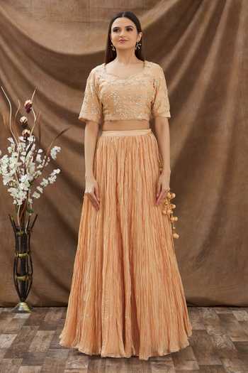 Buy Surbhi Shah Beige Organza, Pure Chanderi Floral V Neck Lehenga Set Online at Aza Fashions Buy_Surbhi Shah_Beige Organza, Pure Chanderi Floral V Neck Lehenga Set_Online_at_Aza_Fashions