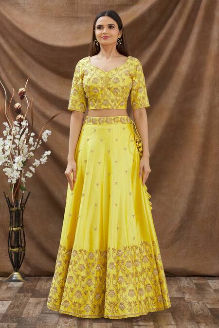 Buy_Surbhi Shah_Yellow Pure Spun Silk Embroidery Floral Leaf Neck Lehenga Set _Online_at_Aza_Fashions