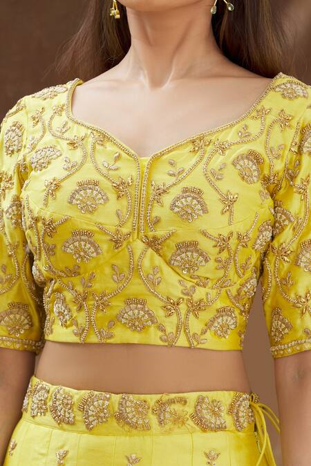 Surbhi Shah_Yellow Pure Spun Silk Embroidery Floral Leaf Neck Lehenga Set _at_Aza_Fashions