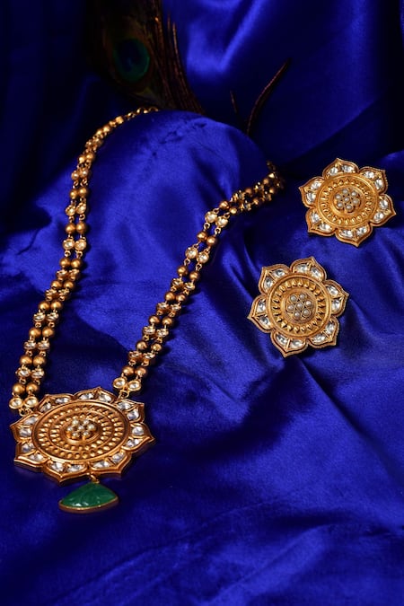 Shop The Bling Girll Gold Plated Stones, Pearls Floral Carved Drop Necklace And Earring Set Online at Aza Fashions Shop_The Bling Girll_Gold Plated Stones, Pearls Floral Carved Drop Necklace And Earring Set _Online_at_Aza_Fashions