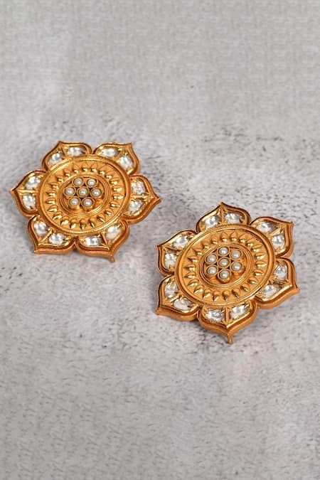 The Bling Girll Gold Plated Stones, Pearls Floral Carved Drop Necklace And Earring Set at Aza Fashions The Bling Girll_Gold Plated Stones, Pearls Floral Carved Drop Necklace And Earring Set _at_Aza_Fashions