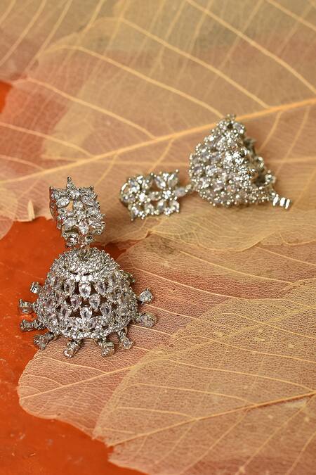 Buy_Our Purple Studio_White Semi Precious Stones Cubic Zirconia Studded Jhumkas _Online_at_Aza_Fashions