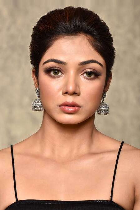 Our Purple Studio_White Semi Precious Stones American Diamond Floral Jhumkas _Online_at_Aza_Fashions