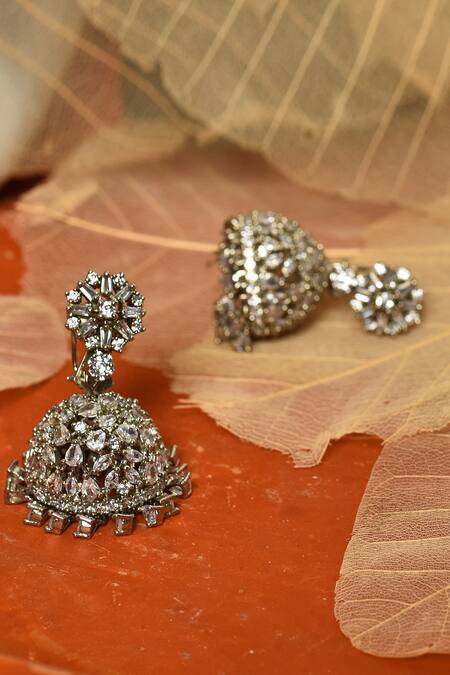 Buy_Our Purple Studio_White Semi Precious Stones American Diamond Floral Jhumkas _Online_at_Aza_Fashions