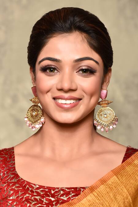 Our Purple Studio_Gold Plated Kundans Carved Stone Dangler Earrings_Online_at_Aza_Fashions