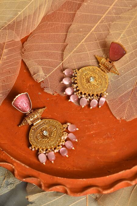 Buy_Our Purple Studio_Gold Plated Kundans Carved Stone Dangler Earrings_Online_at_Aza_Fashions