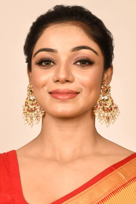 Auraa Trends_Gold Plated Beads, Diamonds Kundan Floral Chandbalis _Online_at_Aza_Fashions