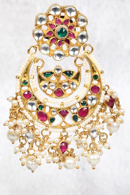 Buy_Auraa Trends_Gold Plated Beads, Diamonds Kundan Floral Chandbalis _Online_at_Aza_Fashions