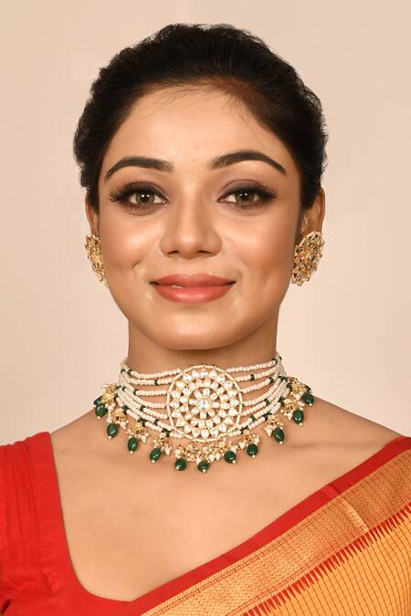 Buy Auraa Trends Gold Plated Imitation Diamonds Layered Kundan Choker And Earring Set Online at Aza Fashions Buy_Auraa Trends_Gold Plated Imitation Diamonds Layered Kundan Choker And Earring Set _Online_at_Aza_Fashions