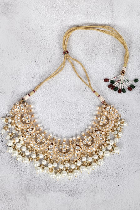 Auraa Trends_Gold Plated Pearls Kundan Crescent Moon Choker Set _Online_at_Aza_Fashions