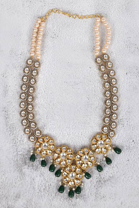 Auraa Trends_Gold Plated Diamonds, Stones Floral Kundan Necklace Set _Online_at_Aza_Fashions