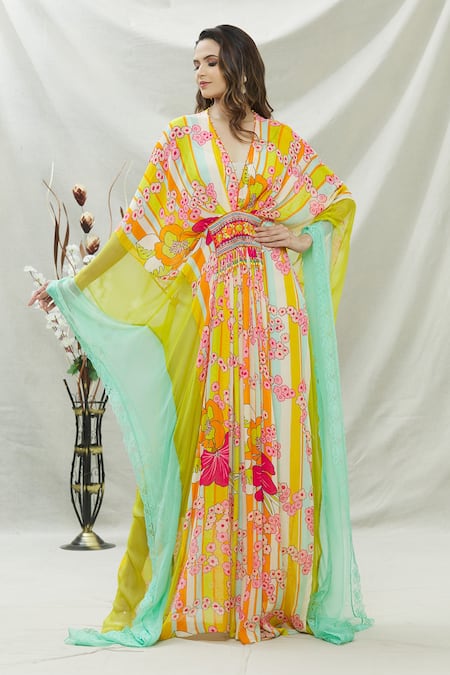 CAPISVIRLEO_Green Habutai Silk Floral Print, Thread And Beads V Neck Cleopi Kaftan_Online_at_Aza_Fashions