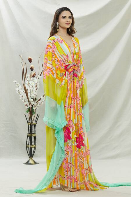 Buy_CAPISVIRLEO_Green Habutai Silk Floral Print, Thread And Beads V Neck Cleopi Kaftan_Online_at_Aza_Fashions