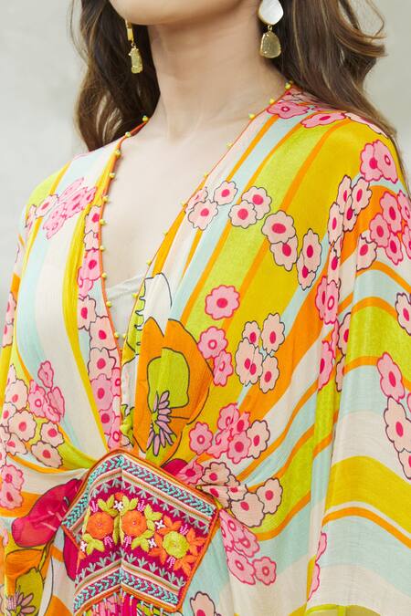 CAPISVIRLEO_Green Habutai Silk Floral Print, Thread And Beads V Neck Cleopi Kaftan_at_Aza_Fashions