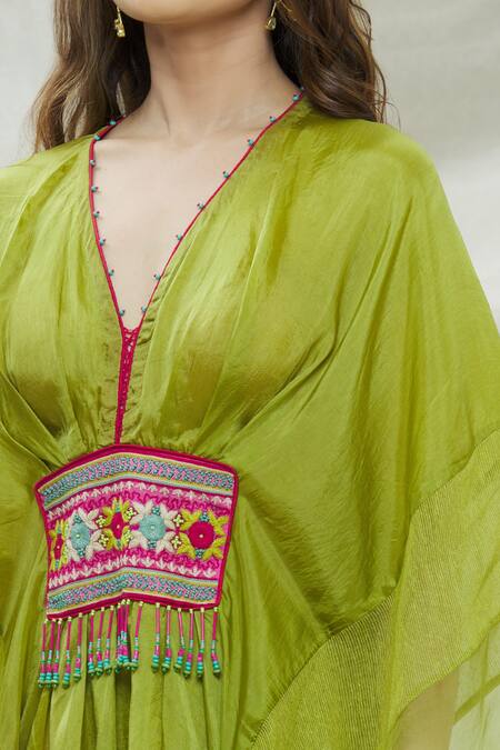 CAPISVIRLEO_Green Habutai Silk Thread And Beads V Neck Ameen Asymmetric Tunic & Palazzo Set_at_Aza_Fashions