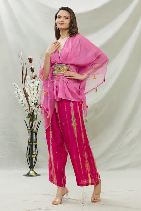 Capisvirleo Pink Habutai Silk Thread And Beads V Neck Ameen Asymmetric Tunic & Palazzo Set Online at Aza Fashions Capisvirleo_Pink Habutai Silk Thread And Beads V Neck Ameen Asymmetric Tunic & Palazzo Set _Online_at_Aza_Fashions