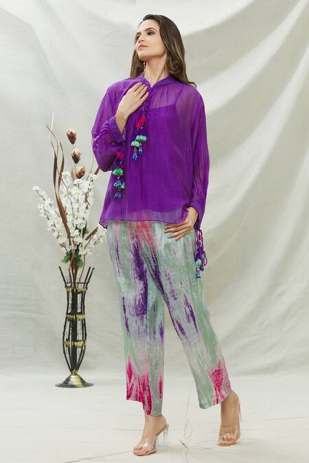 Capisvirleo Purple Chanderi And Habutai Band Top & Pant Set Online at Aza Fashions Capisvirleo_Purple Chanderi And Habutai Band Top & Pant Set _Online_at_Aza_Fashions