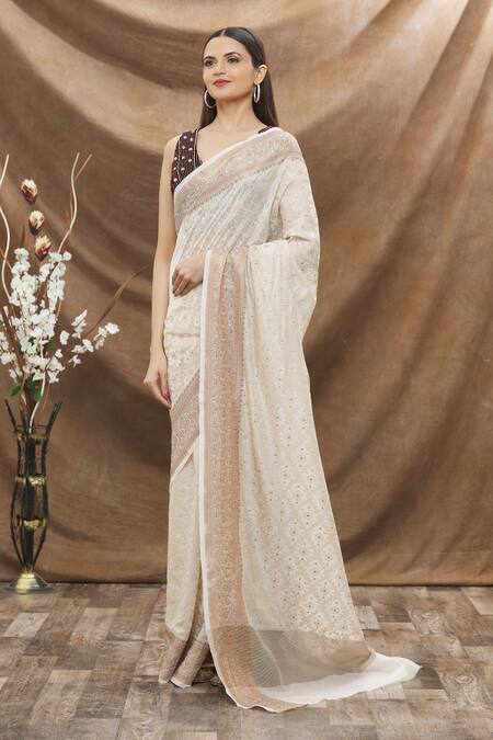 Buy Taba Kashi By Artika Shah Cream Chanderi Embroidered Saree Online at Aza Fashions Buy_Taba Kashi By Artika Shah_Cream Chanderi Embroidered Saree _Online_at_Aza_Fashions