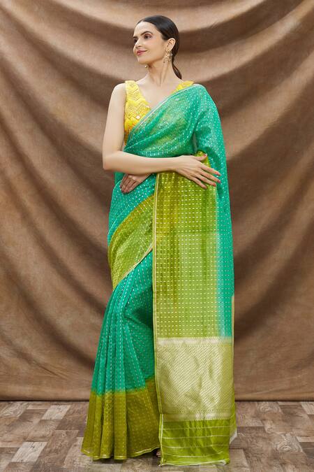 Taba Kashi By Artika Shah_Green Kora/organza Woven Shaded Saree _Online_at_Aza_Fashions