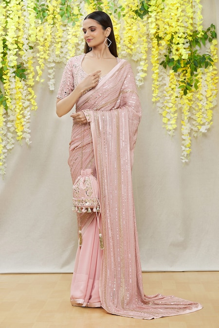 Blush Pink Organza Silk Saree With Diagonal Striped Design