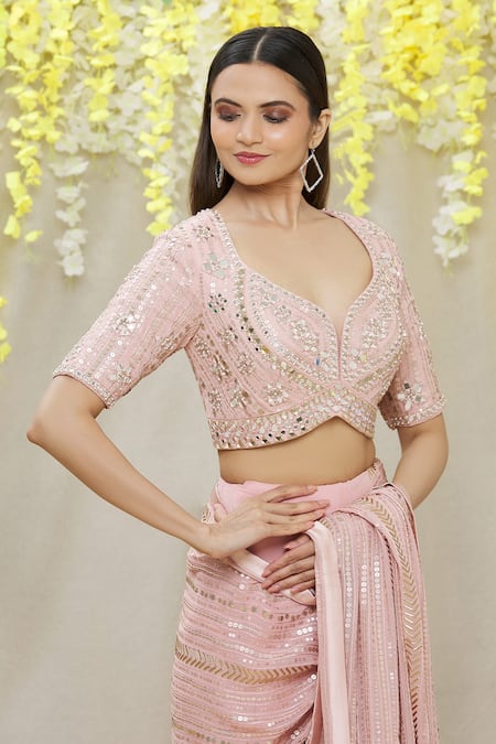 Shop Yoshita Couture Pink Satin, Shantoon, Bag- Georgette, Blouse - Rosaria Embroidered Set Online at Aza Fashions Shop_Yoshita Couture_Pink Satin, Shantoon, Bag- Georgette, Blouse - Rosaria Embroidered Set _Online_at_Aza_Fashions