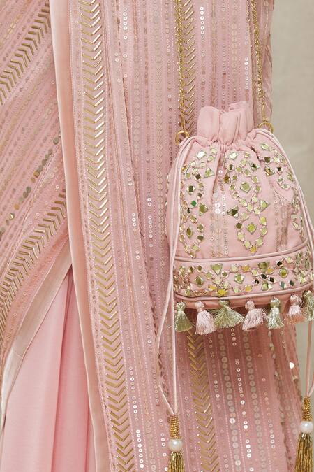 Yoshita Couture Pink Satin, Shantoon, Bag- Georgette, Blouse - Rosaria Embroidered Set at Aza Fashions Yoshita Couture_Pink Satin, Shantoon, Bag- Georgette, Blouse - Rosaria Embroidered Set _at_Aza_Fashions