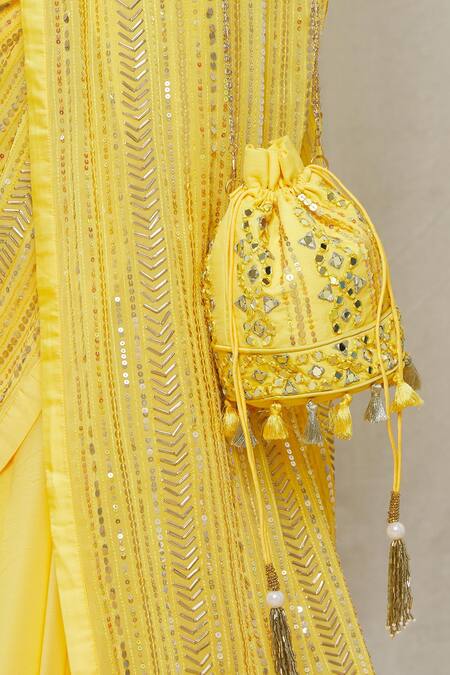 Yoshita Couture Yellow Satin, Shantoon, Bag- Georgette, Blouse - Aisha Embroidered Set at Aza Fashions Yoshita Couture_Yellow Satin, Shantoon, Bag- Georgette, Blouse - Aisha Embroidered Set _at_Aza_Fashions