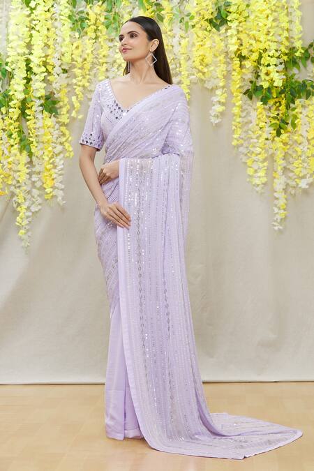 Purple and Pale Silver color paithani sarees with all over buties with  three munia border design -