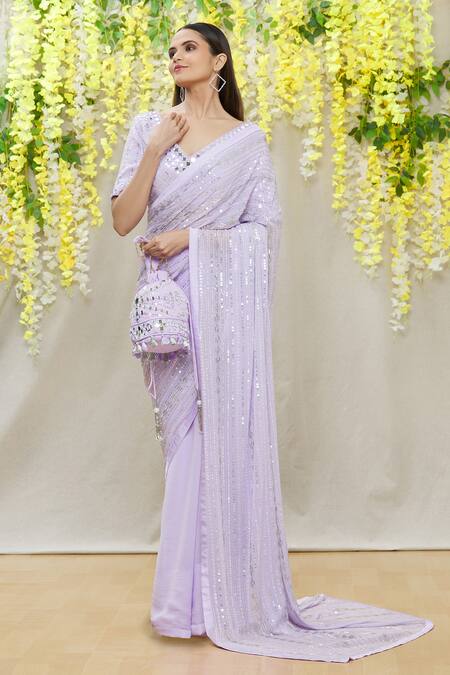 Yoshita Couture_Purple Satin, Shantoon, Bag- Georgette, Blouse - Nina Embroidered Set _Online_at_Aza_Fashions
