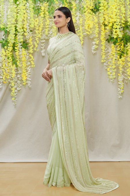 Buy Green Saree Georgette Embroidered Sequins For Women by