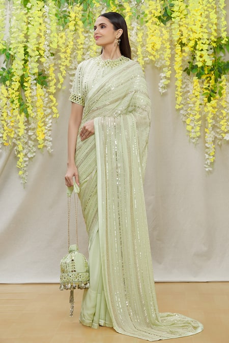 Shop Yoshita Couture Green Satin, Shantoon, Bag- Georgette, Blouse - Nauna Embroidered Set Online at Aza Fashions Shop_Yoshita Couture_Green Satin, Shantoon, Bag- Georgette, Blouse - Nauna Embroidered Set _Online_at_Aza_Fashions