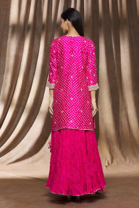 Shop_Surbhi Shah_Pink Organza, Spun Silk Bandhej, Floral Printed Kurta Lehenga Set _at_Aza_Fashions