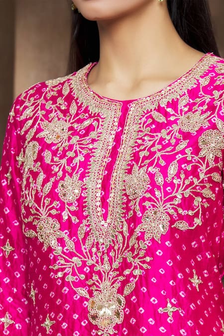 Shop_Surbhi Shah_Pink Organza, Spun Silk Bandhej, Floral Printed Kurta Lehenga Set _Online_at_Aza_Fashions