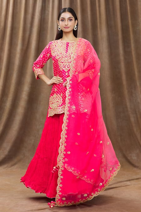 Buy_Surbhi Shah_Red Organza, Spun Silk Bandhej, Floral Round Printed Kurta Lehenga Set_Online_at_Aza_Fashions