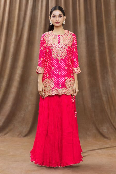 Surbhi Shah_Red Organza, Spun Silk Bandhej, Floral Round Printed Kurta Lehenga Set_Online_at_Aza_Fashions