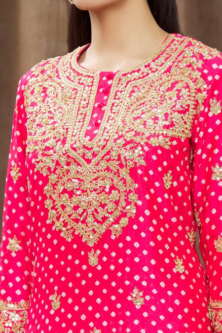 Shop_Surbhi Shah_Red Organza, Spun Silk Bandhej, Floral Round Printed Kurta Lehenga Set_Online_at_Aza_Fashions