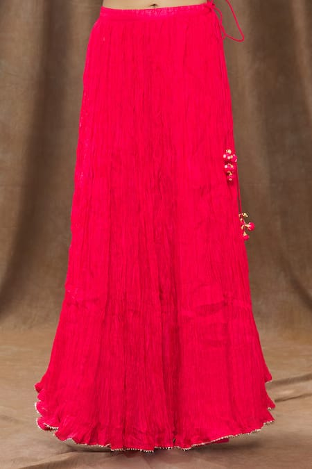 Surbhi Shah_Red Organza, Spun Silk Bandhej, Floral Round Printed Kurta Lehenga Set_at_Aza_Fashions