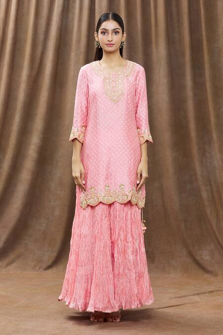 Surbhi Shah_Peach Organza, Spun Silk Bandhej, Floral Printed Kurta Lehenga Set_Online_at_Aza_Fashions